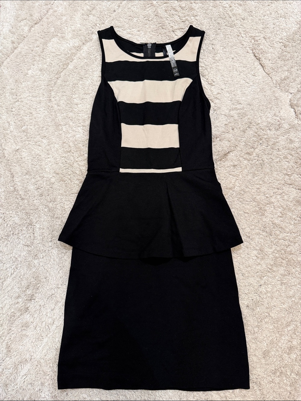 Kensie Black Dress with Cream Striped Bodice and Peplum Detail
